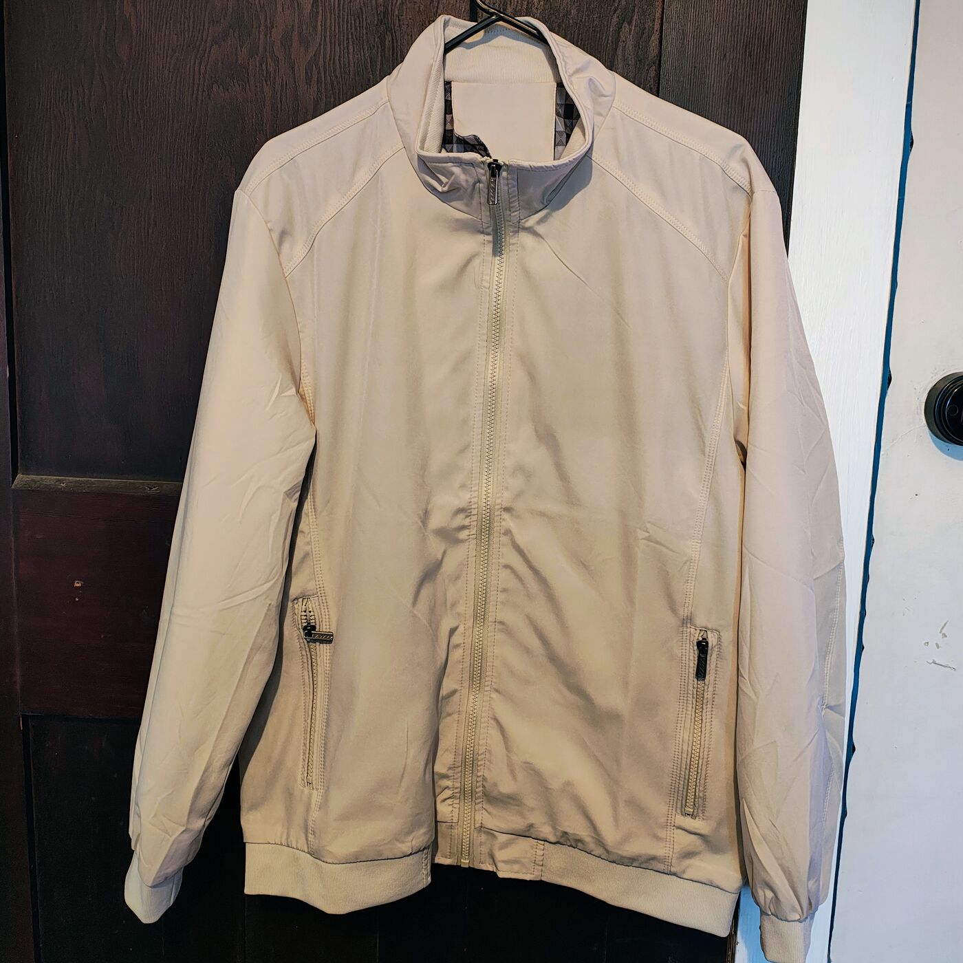 Beige Bomber Jacket with Check Lining — Medium