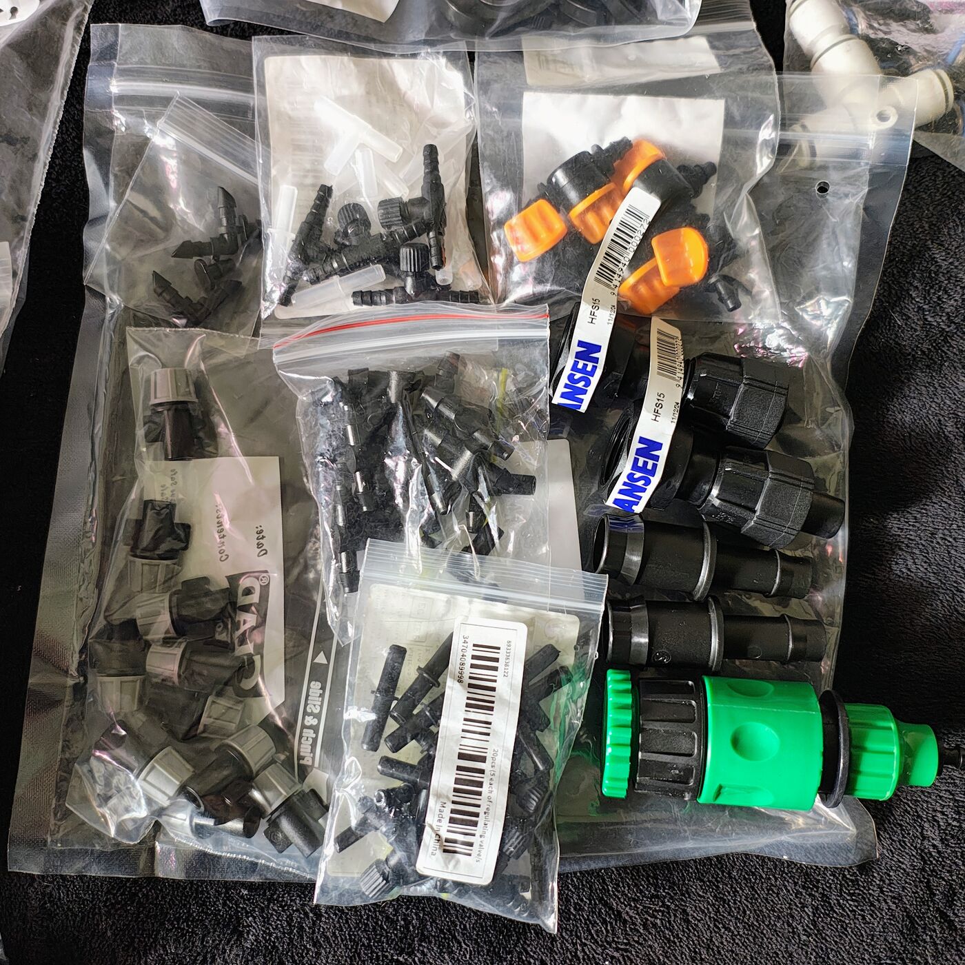 Irrigation Fittings Kit — Hansen Couplers, Drippers, Valves, 4/7mm Tube & Pope Clamps